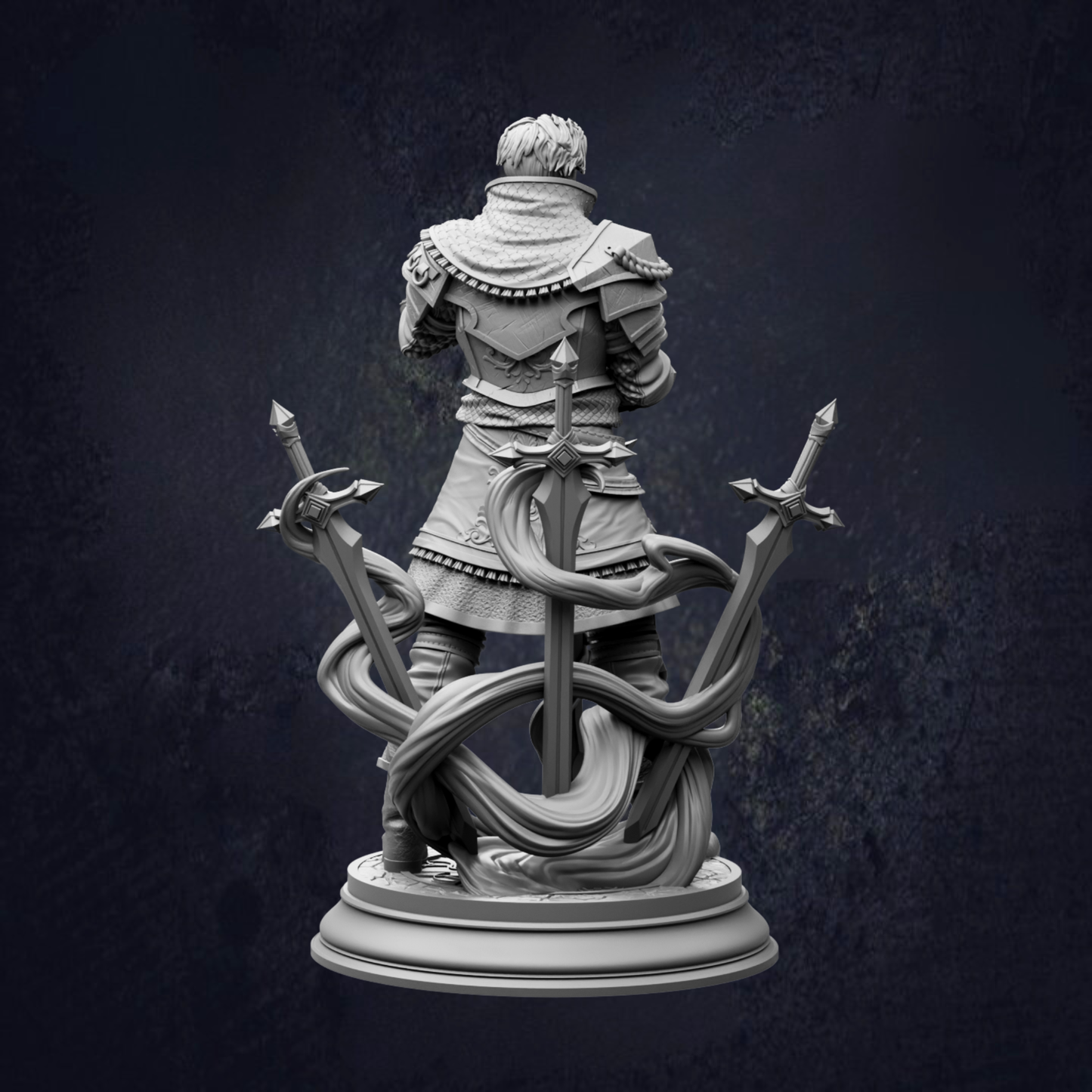 A statue of a person holding three swords, with intricate details and a dark background.