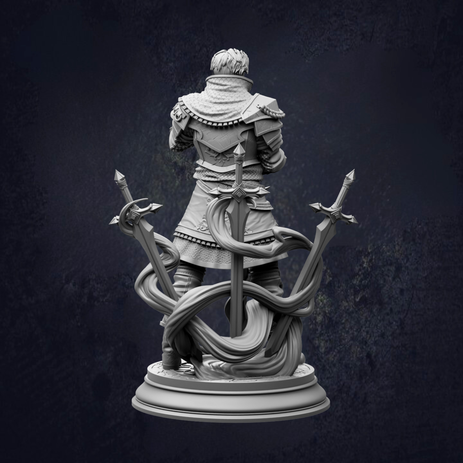 A statue of a person holding three swords, with intricate details and a dark background.