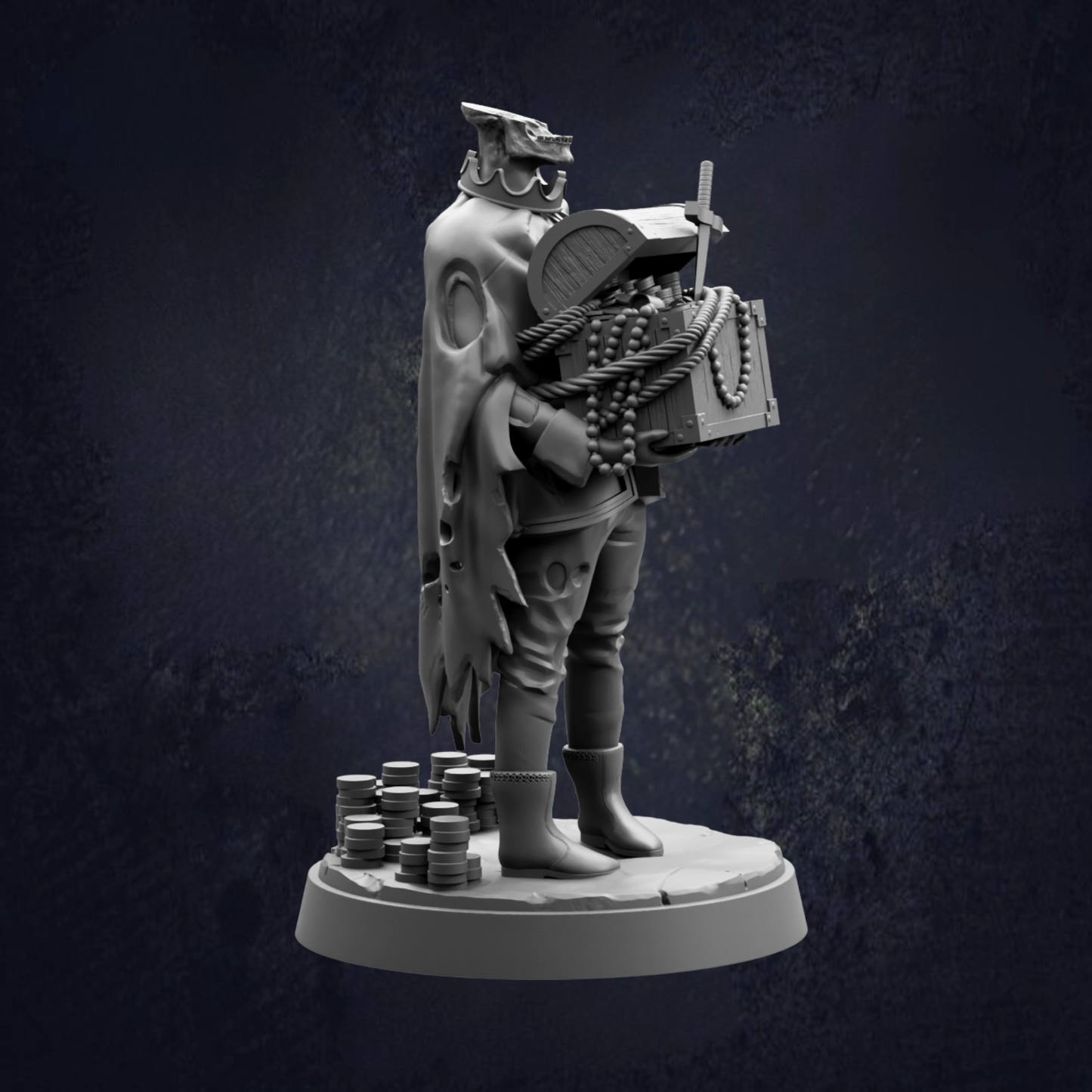A 3D rendering of a figure holding a chest and surrounded by stacks of coins, set against a dark background.