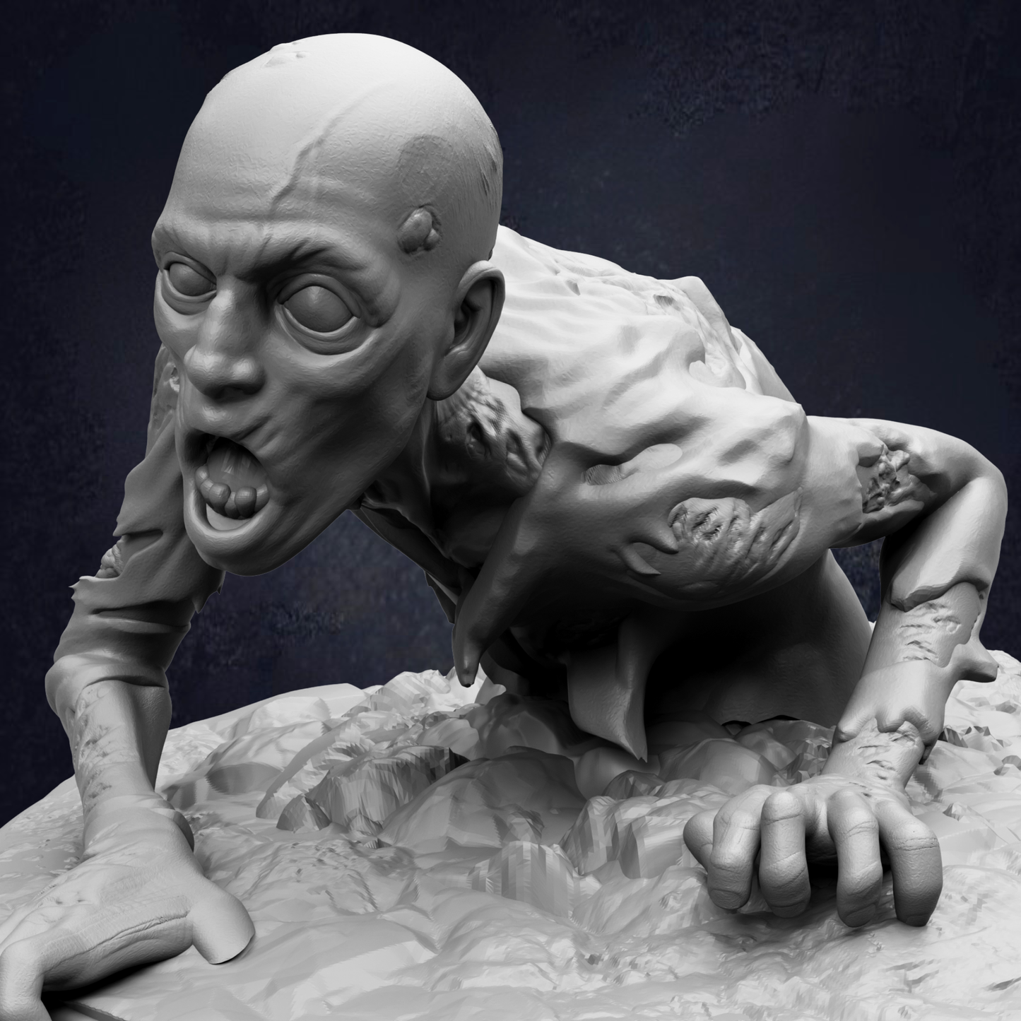 A close-up view of a detailed, sculpted zombie-like figure with a menacing expression, set against a dark background.