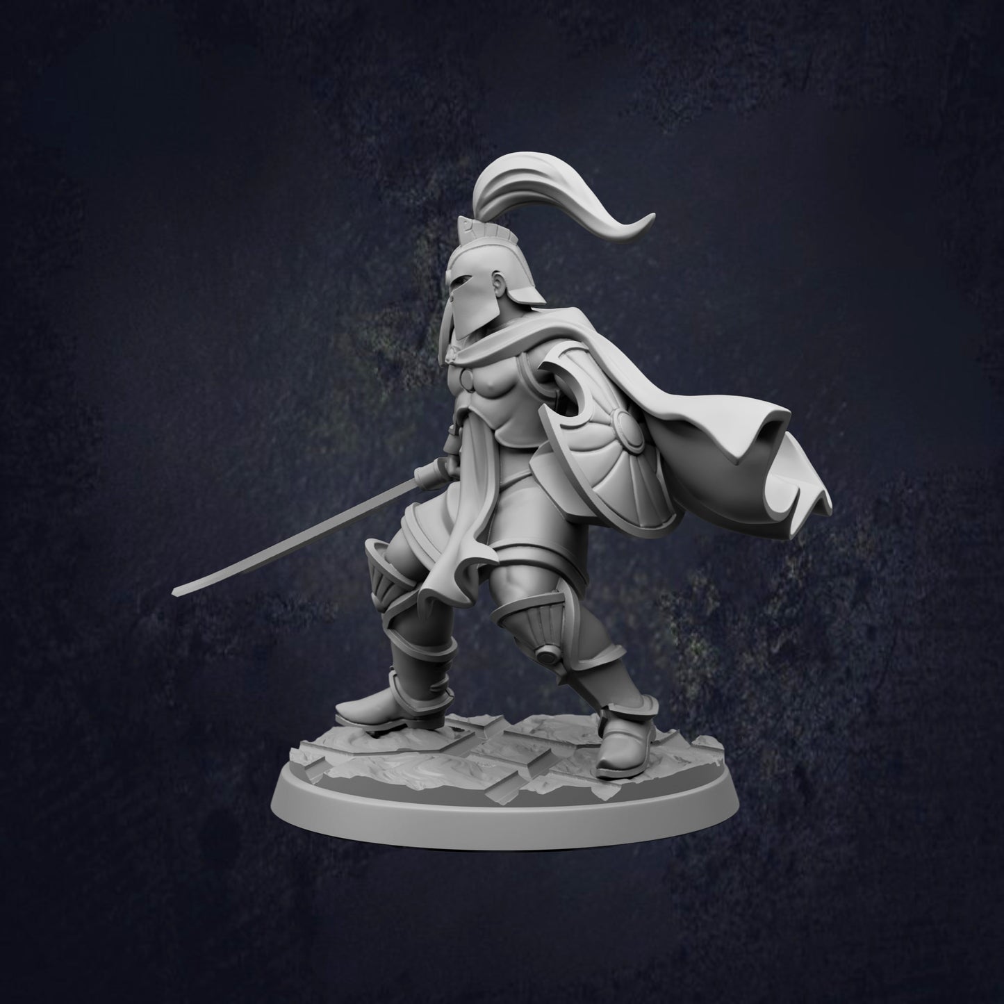 A 3D model of a knight in armor, holding a sword and shield, standing on a base against a dark background.