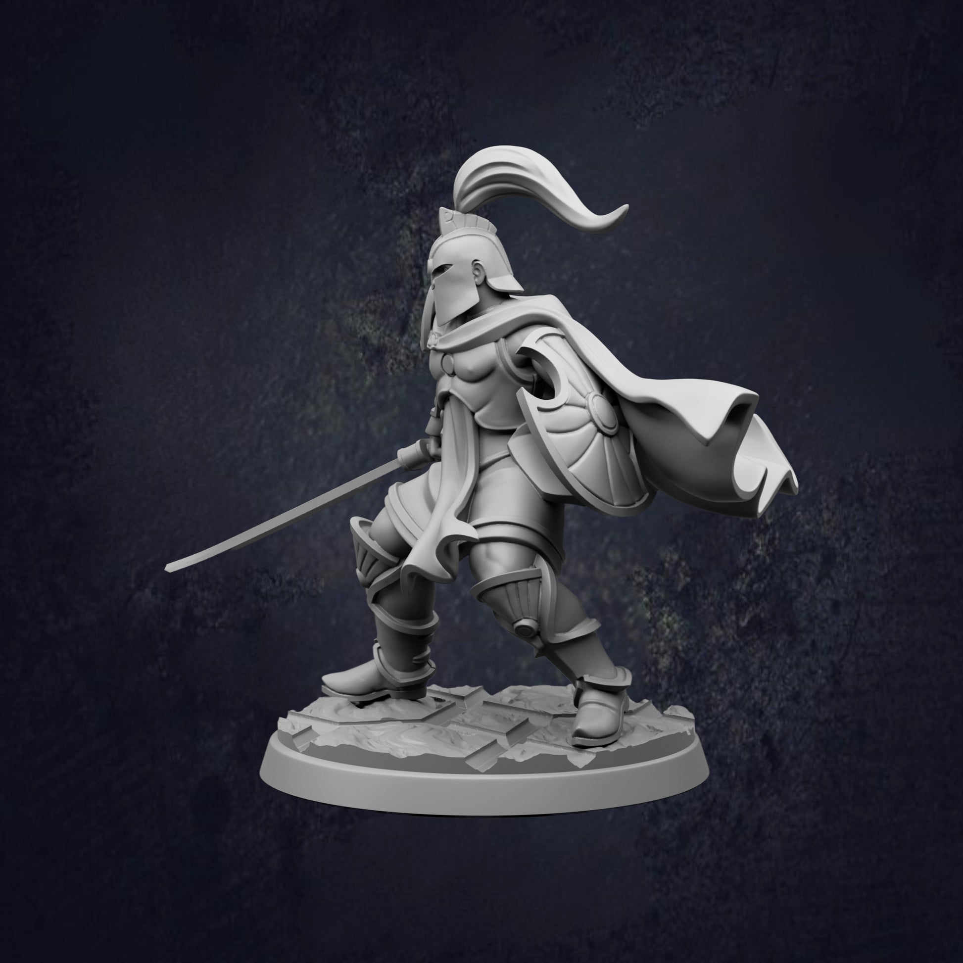 A 3D model of a knight in armor, holding a sword and shield, standing on a base against a dark background.