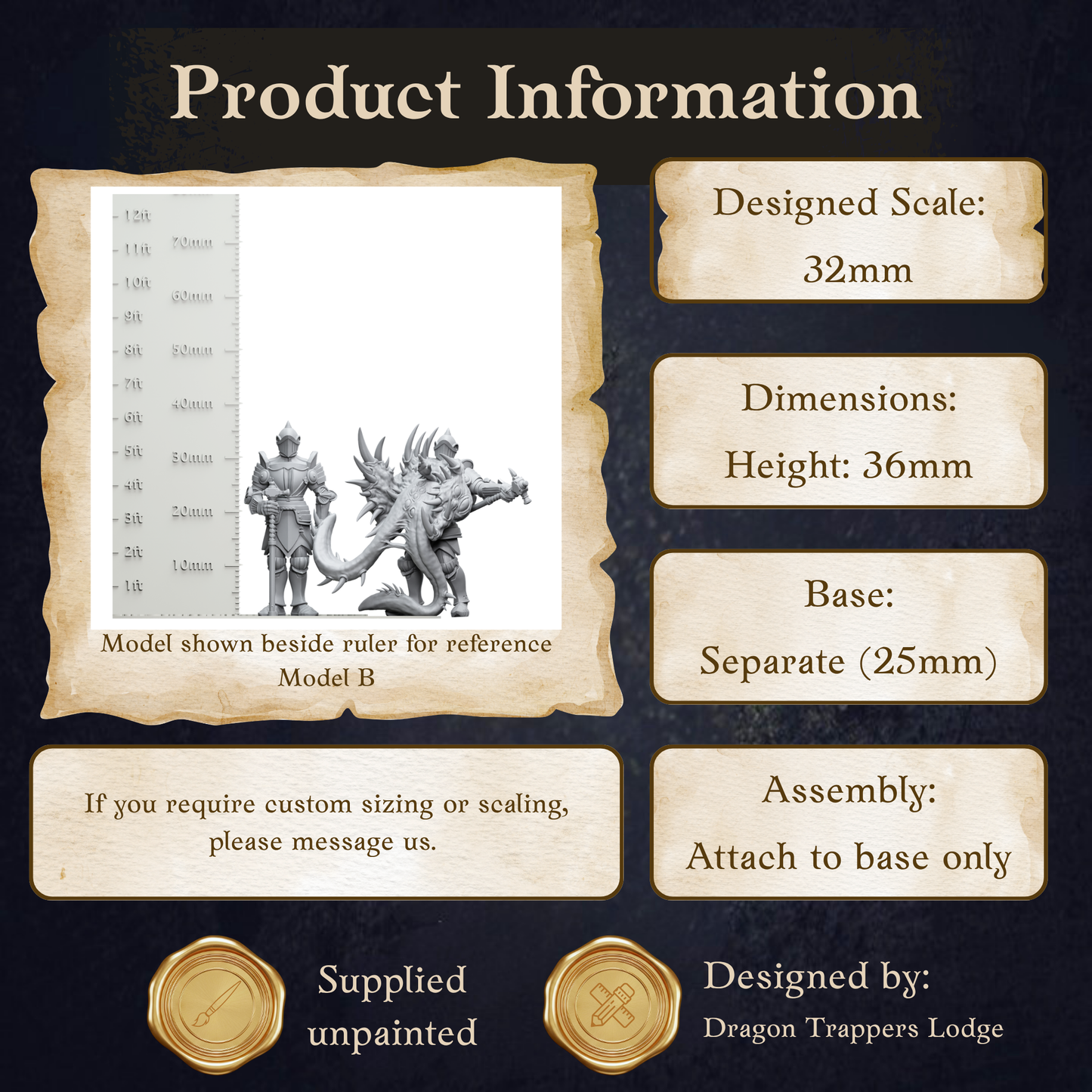 The image is a product information graphic that provides details about a model, including its dimensions, height, base, and assembly instructions.