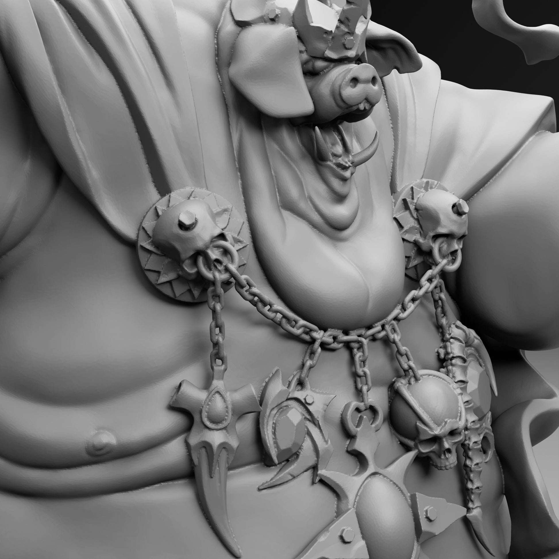 A detailed 3D rendering of a character with a large, ornate belt adorned with various weapons and accessories, including a skull, chains, and other intricate details.