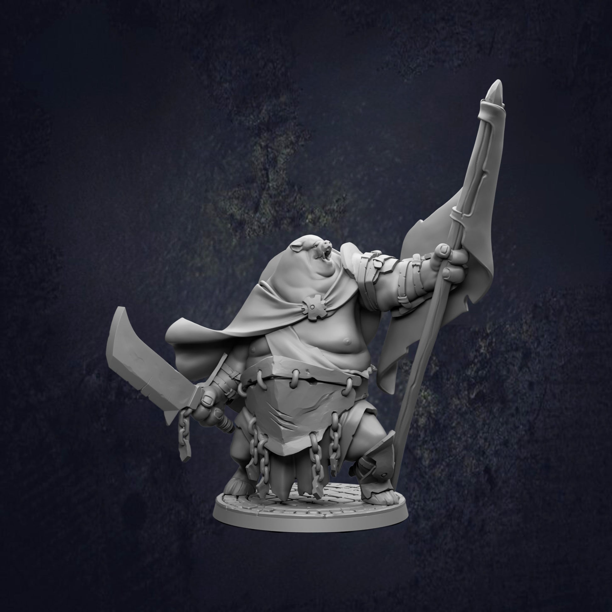 A 3D model of a character holding a flag and a sword, standing on a platform against a dark background.