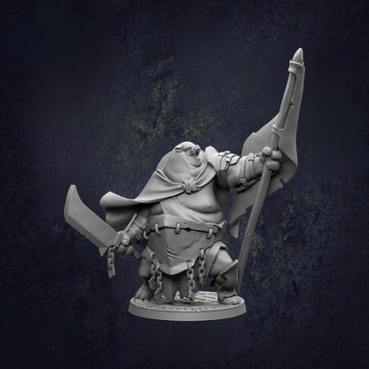 A 3D model of a character holding a flag and a sword, standing on a platform against a dark background.