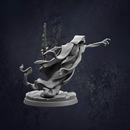 A 3D rendering of a skeletal figure holding a sword and appearing to be in motion, set against a dark background.