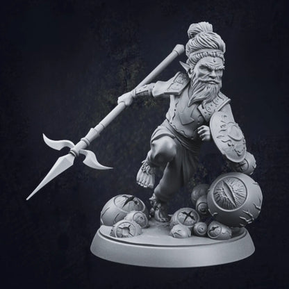 A detailed miniature of a halfling chaos knight, designed by TPK Lab. The knight wields a spear and a patterned shield, clad in ornate armor with mysterious symbols. The figure stands on a unique base adorned with eerie, spherical eyeball-like features, adding a fantastical and ominous aesthetic.