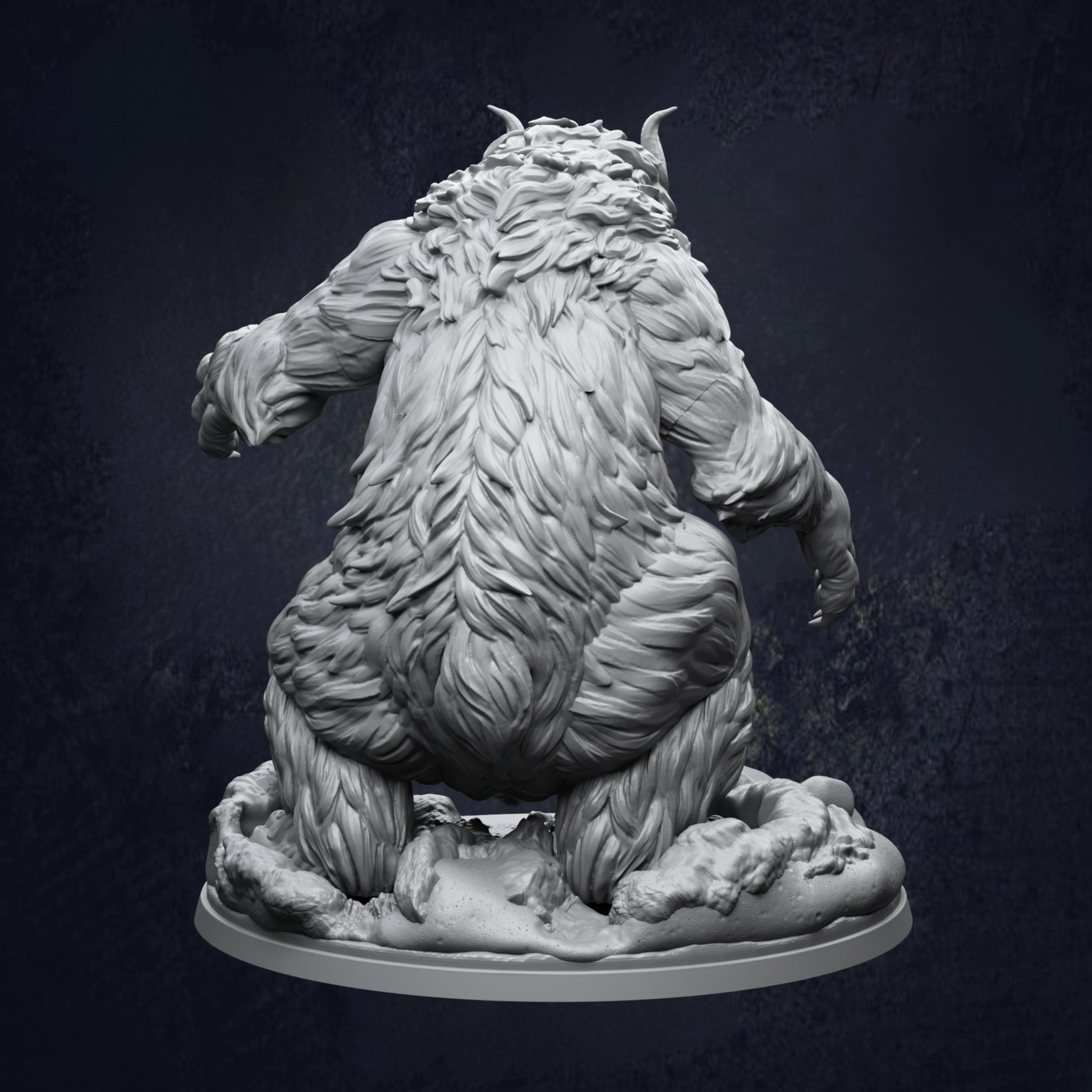 A detailed 3D model of a large, furry creature with horns, standing on a platform against a dark background.