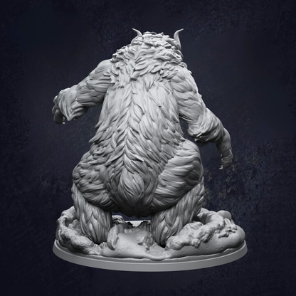 A detailed 3D model of a large, furry creature with horns, standing on a platform against a dark background.