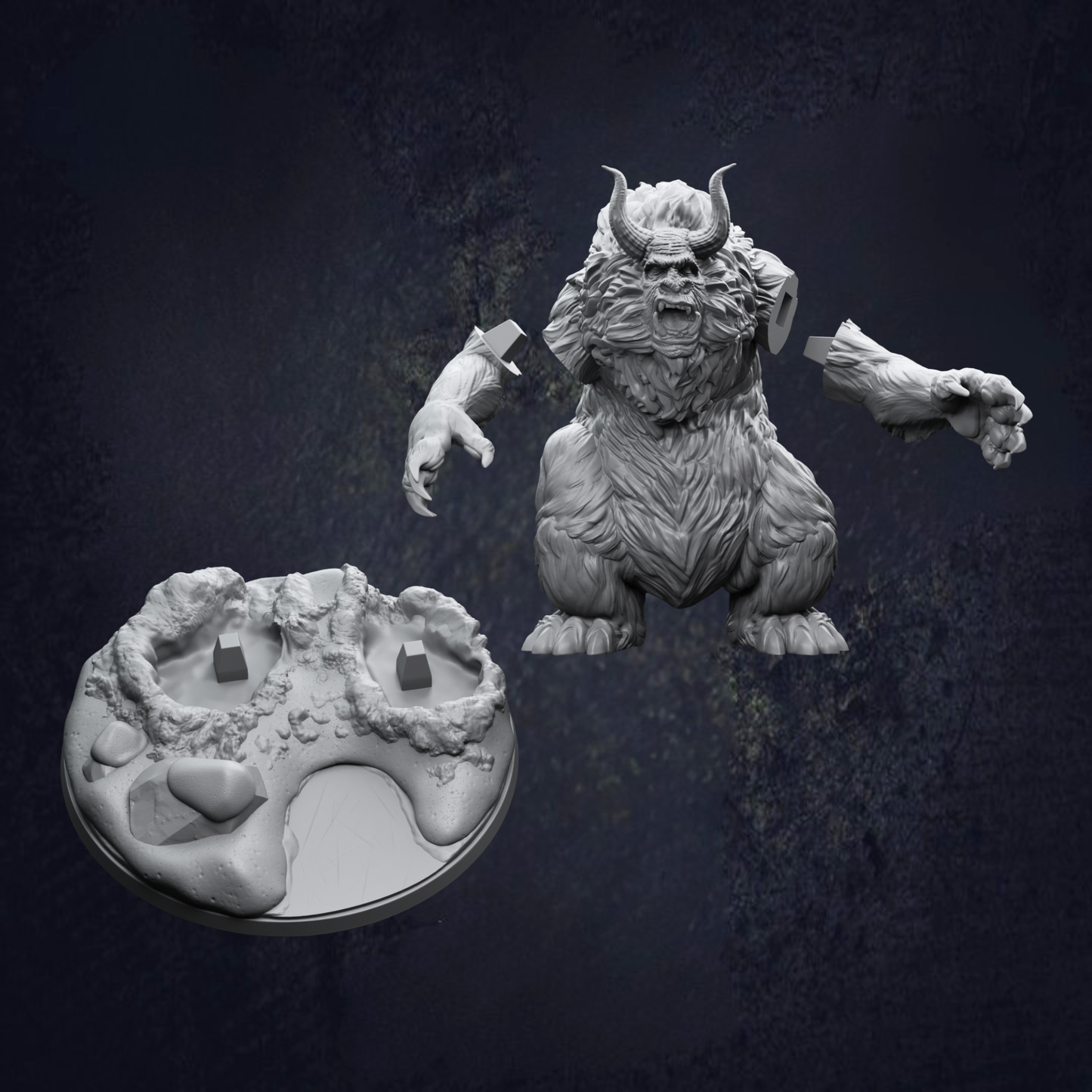 A 3D rendering of a large, furry monster with horns and a fierce expression, standing on a platform with a small, round object in front of it.