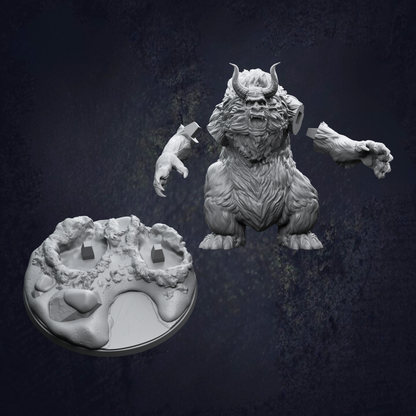 A 3D rendering of a large, furry monster with horns and a fierce expression, standing on a platform with a small, round object in front of it.