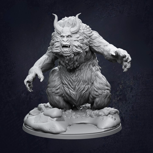 A detailed 3D model of a fierce-looking monster with horns and sharp claws, standing on a rocky base against a dark background.