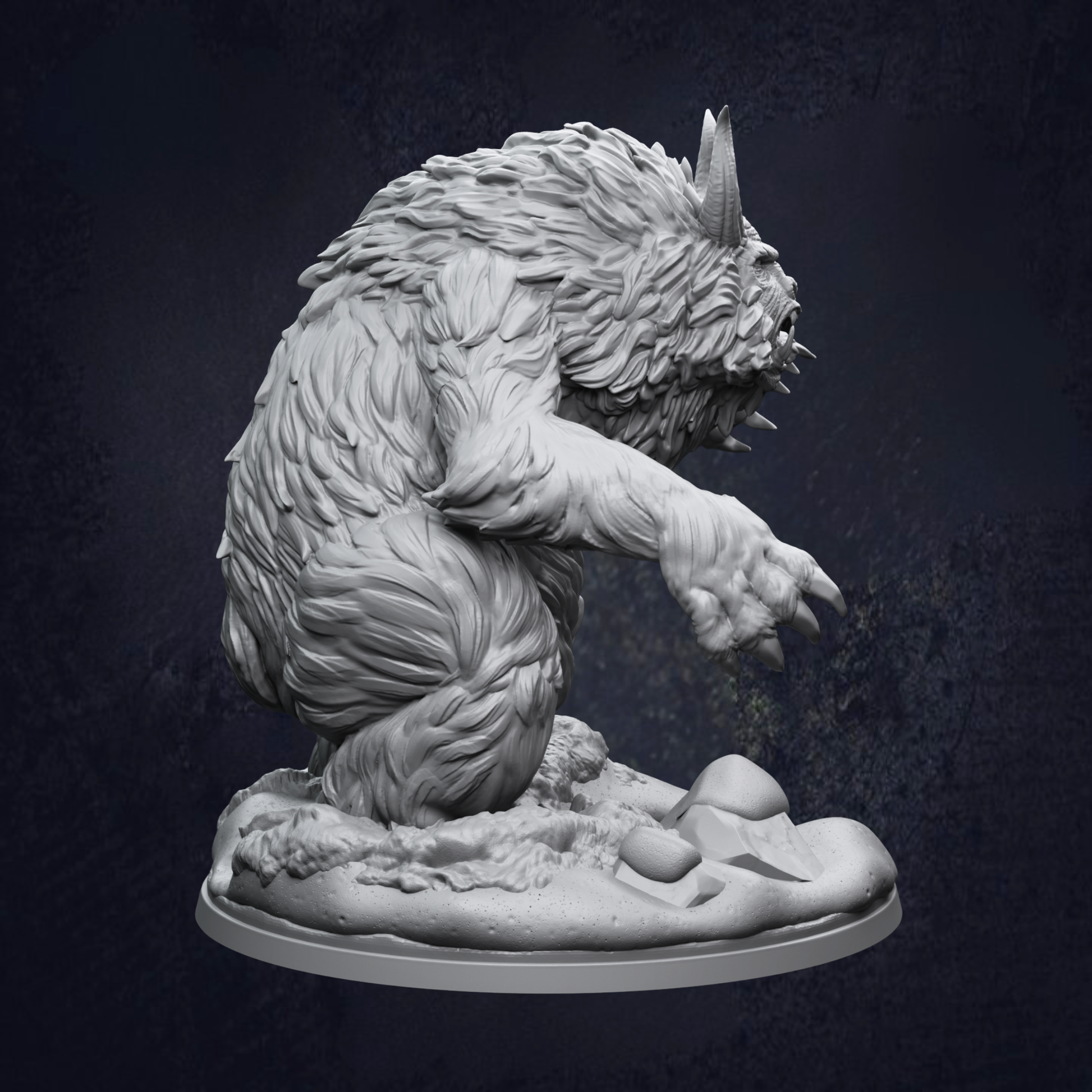 A detailed 3D model of a furry, horned creature with sharp claws, standing on a rocky surface against a dark background.