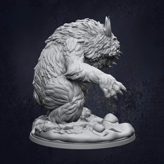 A detailed 3D model of a furry, horned creature with sharp claws, standing on a rocky surface against a dark background.