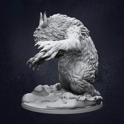 A detailed 3D model of a fierce-looking creature resembling a werewolf or a similar mythical animal, sitting on a rocky surface against a dark background.