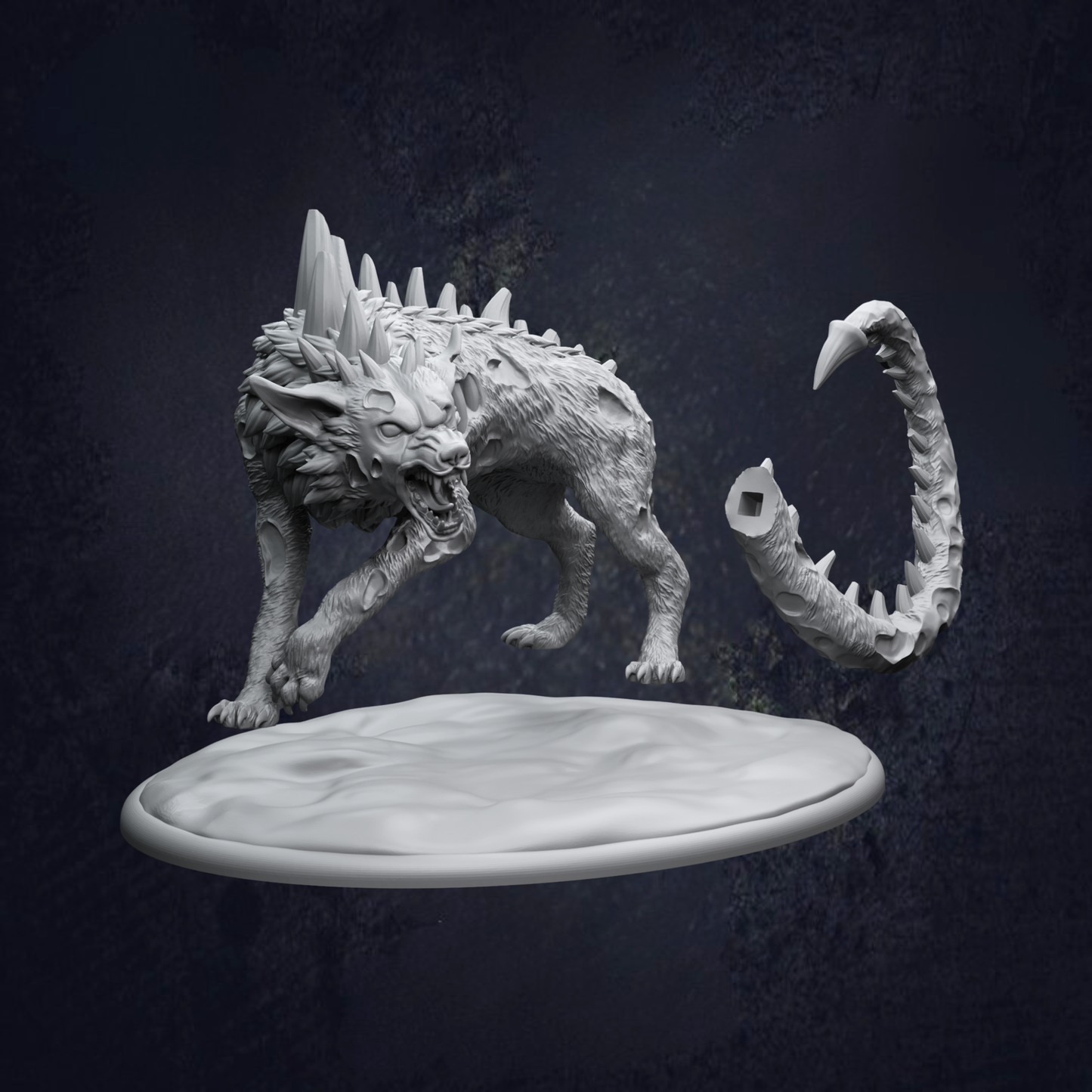 A 3D rendering of a fierce-looking creature with sharp teeth and claws, standing on a platform against a dark background.