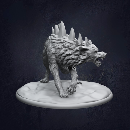 A 3D rendering of a fierce-looking wolf-like creature with sharp teeth and spikes, standing on a platform against a dark background.