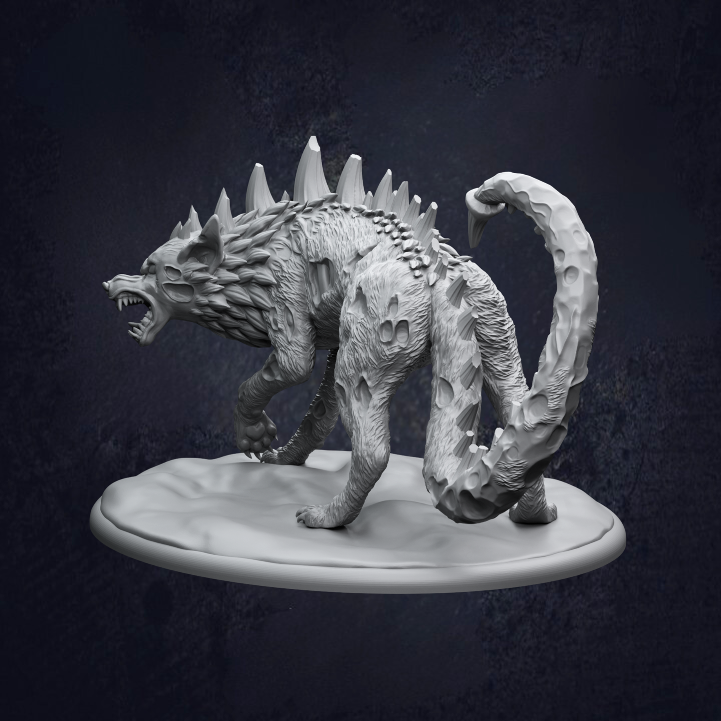 A 3D model of a fierce-looking, spiked-haired creature resembling a wolf or a similar wild animal, standing on a platform against a dark background.