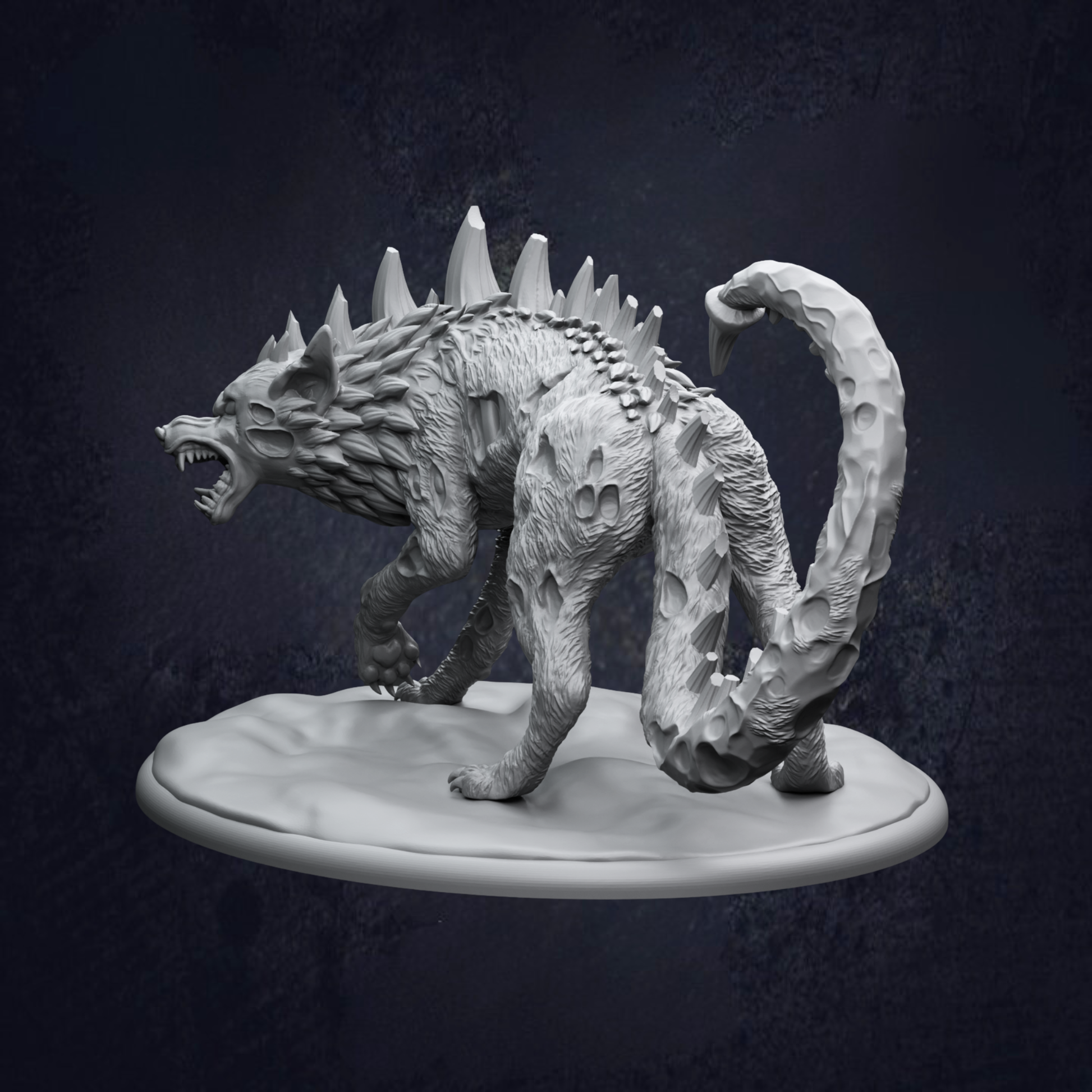 A 3D model of a fierce-looking, spiked-haired creature resembling a wolf or a similar wild animal, standing on a platform against a dark background.