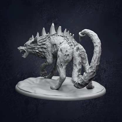 A 3D model of a fierce-looking, spiked-haired creature resembling a wolf or a similar wild animal, standing on a platform against a dark background.