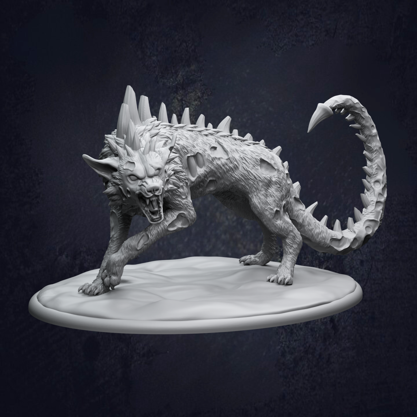 A 3D rendering of a fierce-looking, spiky-haired creature with sharp teeth, standing on a platform against a dark background.