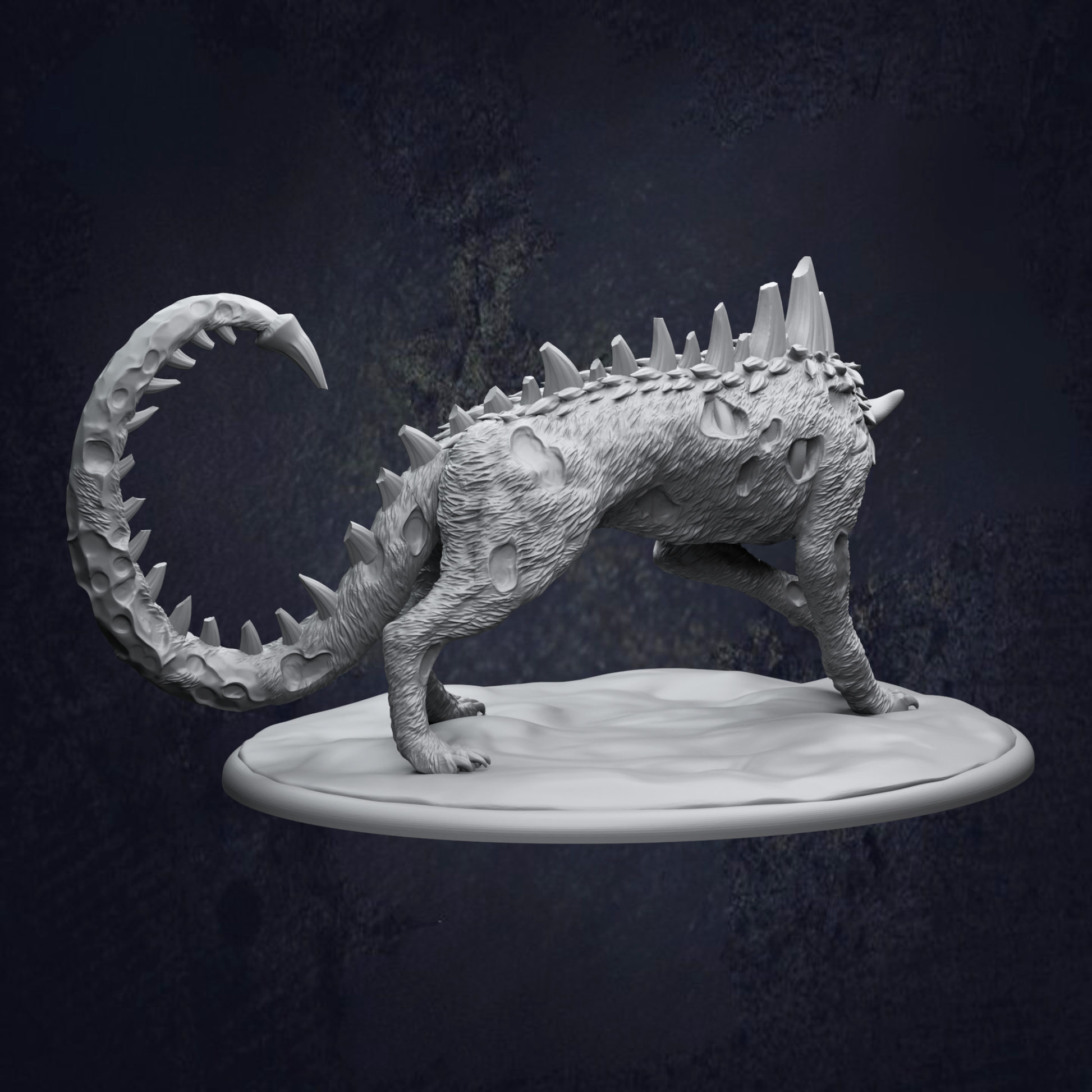 A 3D rendering of a fantastical creature with sharp teeth and spikes, standing on a platform against a dark background.