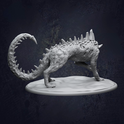 A 3D rendering of a fantastical creature with sharp teeth and spikes, standing on a platform against a dark background.