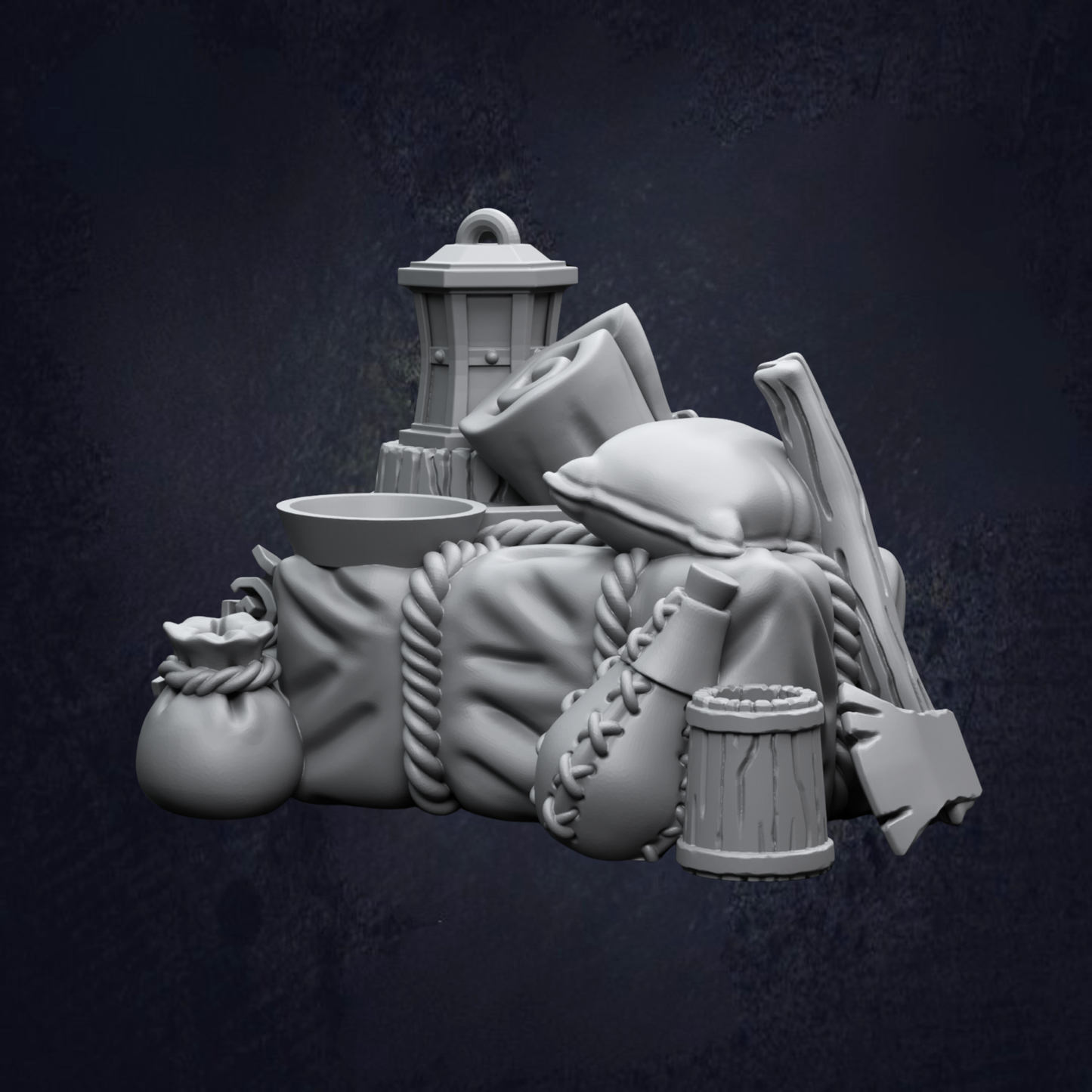 A collection of various objects, including a lantern, a bag, and other miscellaneous items, arranged together against a dark background.