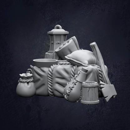 A collection of various objects, including a lantern, a bag, and other miscellaneous items, arranged together against a dark background.