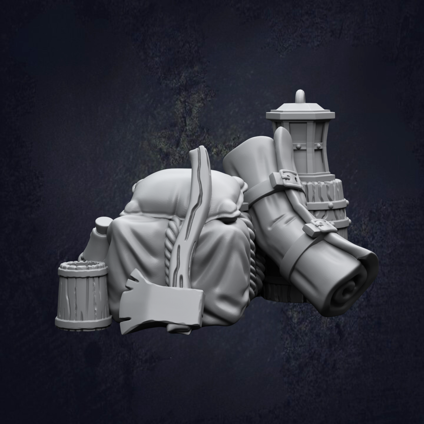 A collection of camping gear, including a sleeping bag, a lantern, and a walking stick, is displayed against a dark background.