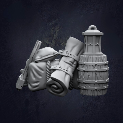 A 3D rendering of a barrel, a rolled-up cloth, and a lantern, all set against a dark background.
