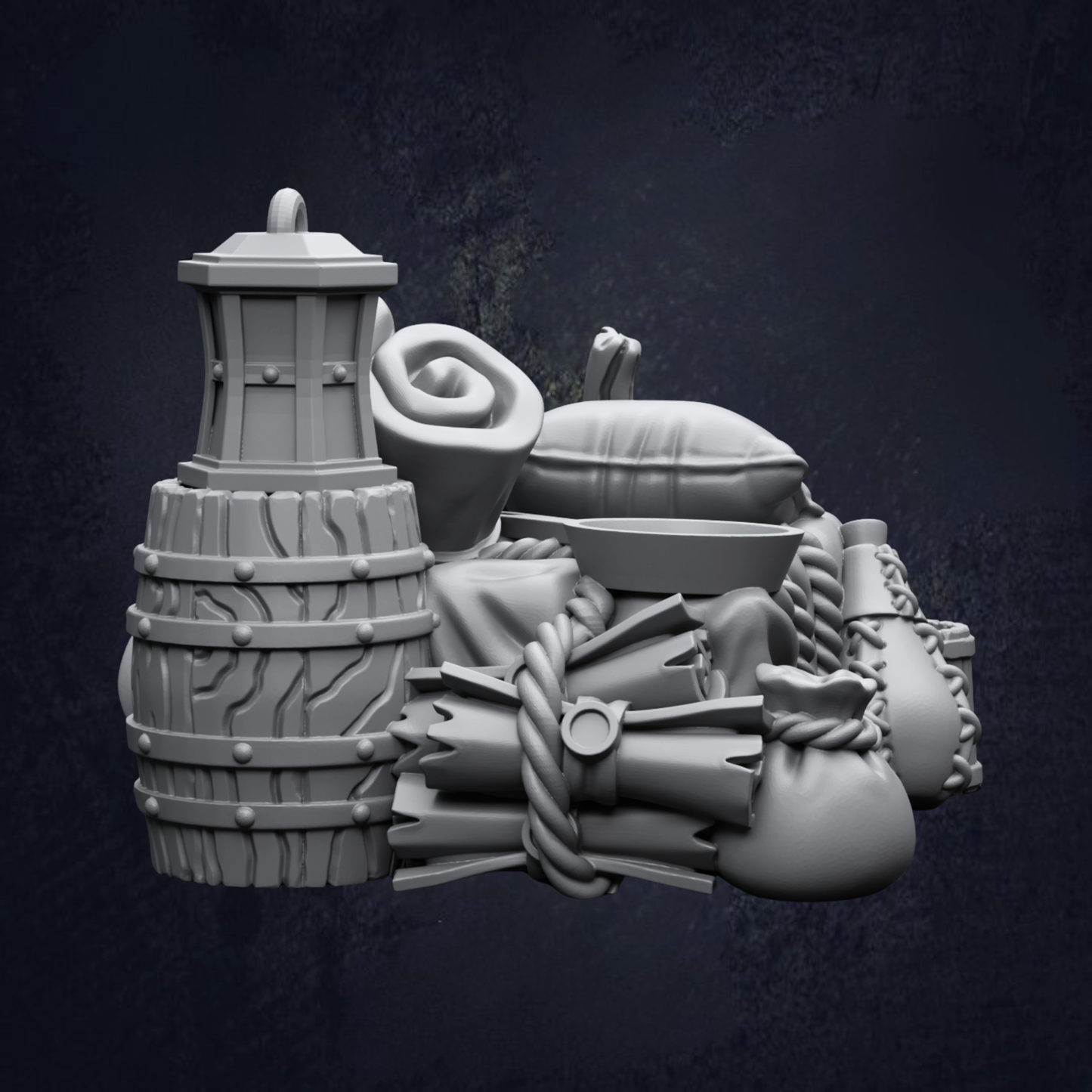 A collection of various objects, including a barrel, a scroll, and a bag, against a dark background.