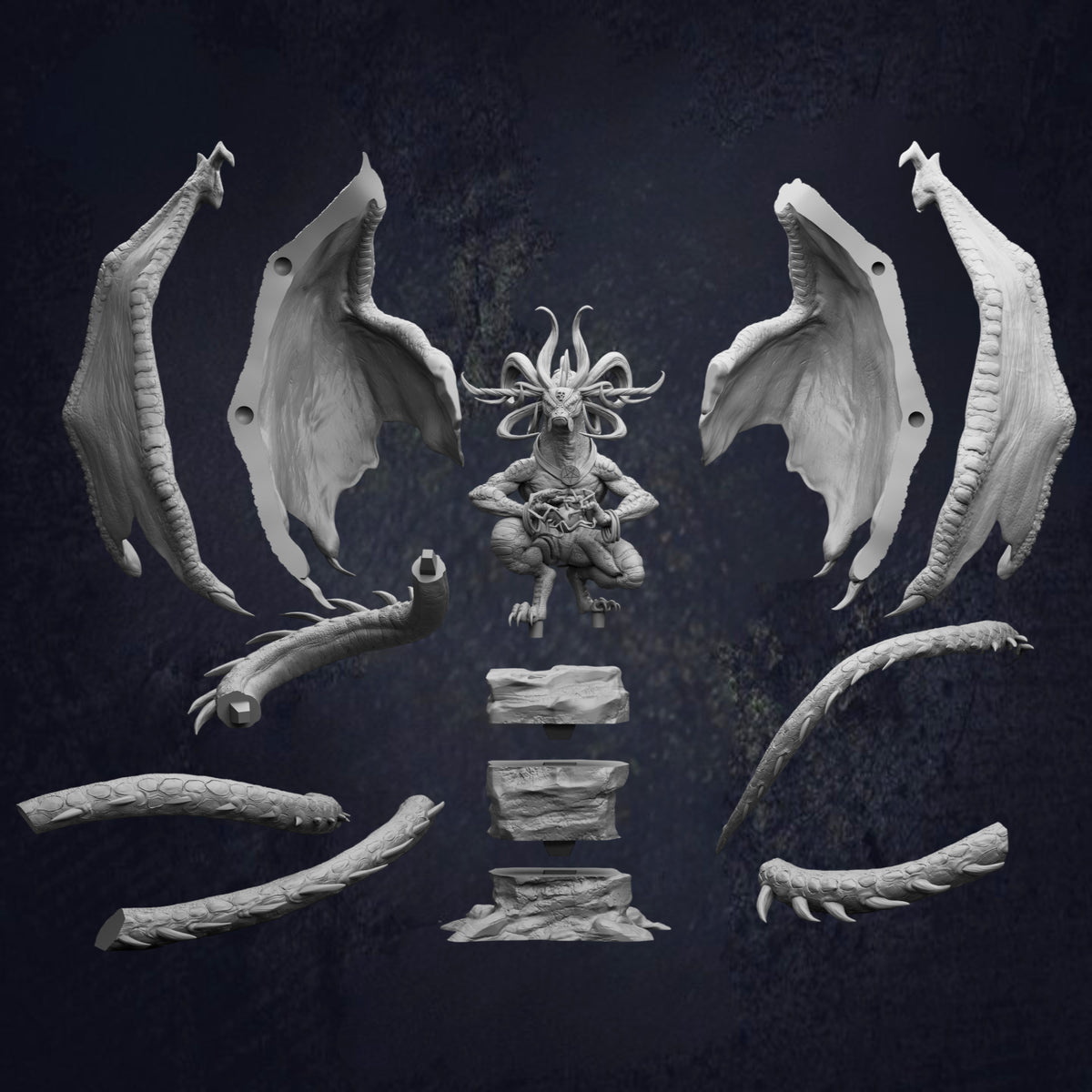 The image is a black and white collage featuring a dragon-like creature with wings and sharp teeth, surrounded by various other fantastical elements.