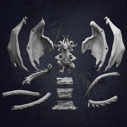 The image is a black and white collage featuring a dragon-like creature with wings and sharp teeth, surrounded by various other fantastical elements.