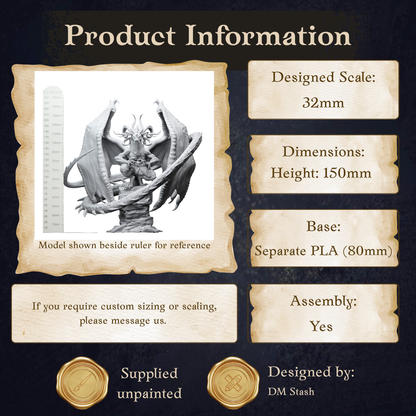The image is a product information graphic for a dragon statue, showing the dimensions, base, and assembly instructions.