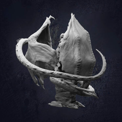 A detailed, realistic-looking dragon sculpture with intricate scales and sharp teeth, set against a dark background.