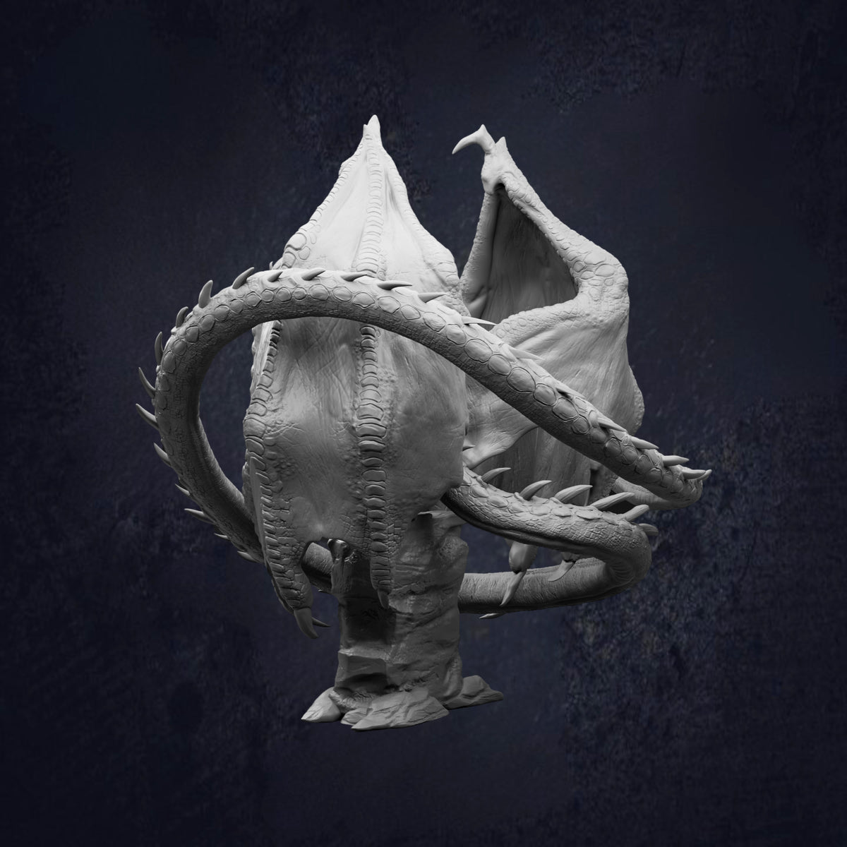 A dark, moody image featuring a large, intricate dragon-like creature with sharp teeth and claws, standing on a rock formation.