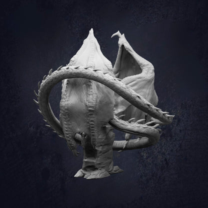 A dark, moody image featuring a large, intricate dragon-like creature with sharp teeth and claws, standing on a rock formation.