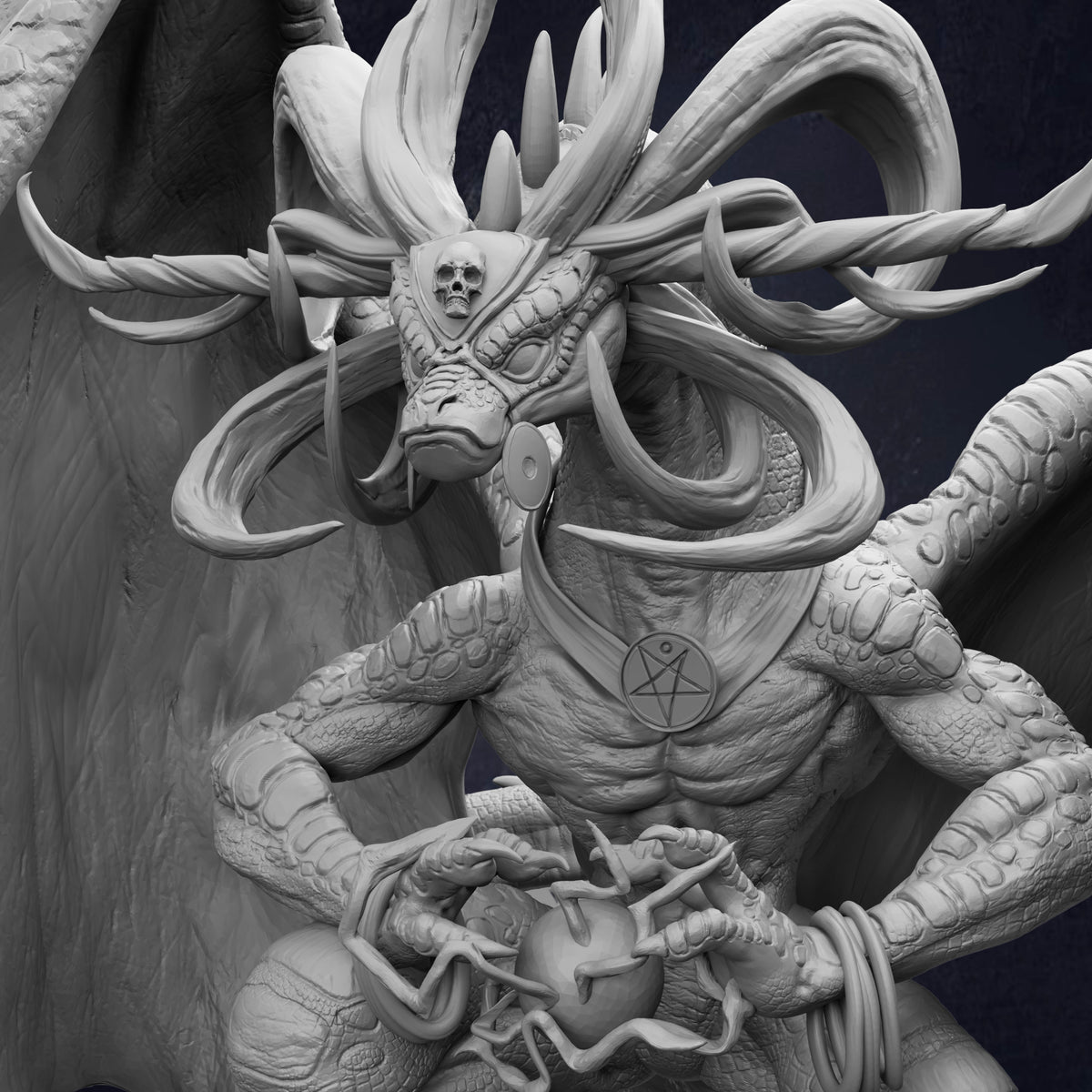 A detailed, intricate sculpture depicting a fantastical creature with a fierce expression, holding a ball and wearing a necklace with a pentagram symbol.