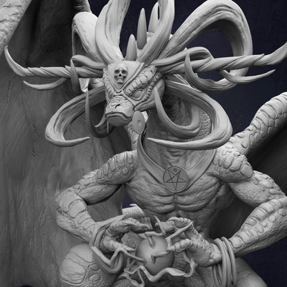 A detailed, intricate sculpture depicting a fantastical creature with a fierce expression, holding a ball and wearing a necklace with a pentagram symbol.