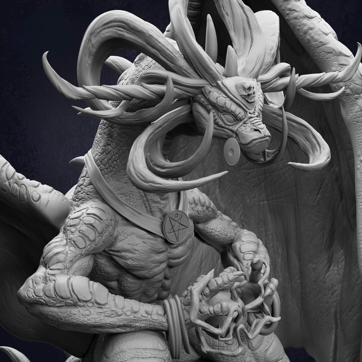 A detailed, intricate sculpture of a fantastical creature with a fierce expression, large horns, and a distinctive symbol on its chest.