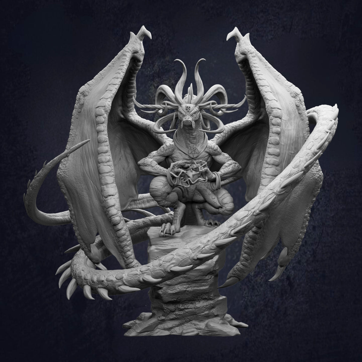 A detailed, dark-colored statue of a winged, fierce-looking creature with sharp teeth and claws, surrounded by a large, menacing-looking dragon-like creature.