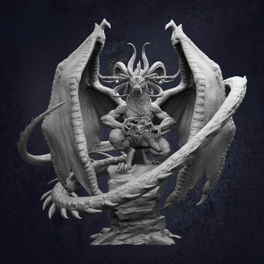A detailed, dark-colored statue of a winged, fierce-looking creature with sharp teeth and claws, surrounded by a large, menacing-looking dragon-like creature.