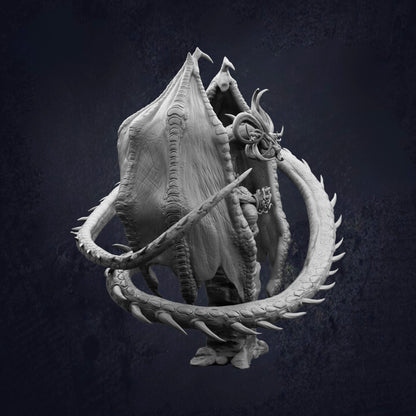 A detailed black and white image depicting a large, intricate dragon sculpture with a long, coiled tail and sharp, menacing features.