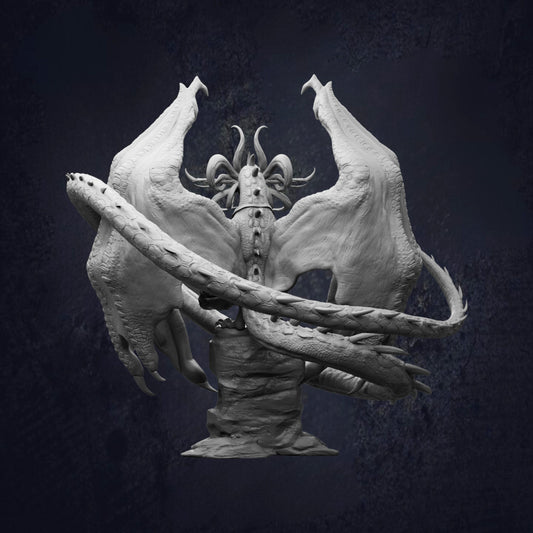 A detailed black and white sculpture depicting a fantastical creature with wings, horns, and sharp claws, set against a dark background.