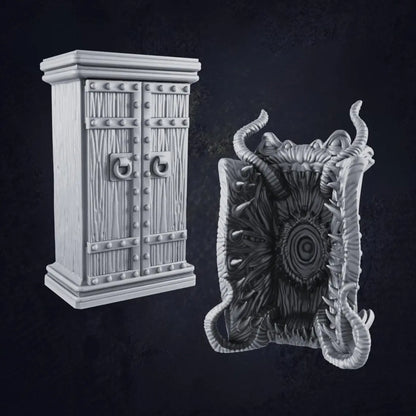 A 3D-printed miniature of a wardrobe mimic, designed to resemble a monstrous, enchanted piece of furniture. The wardrobe features sharp, jagged teeth emerging from its open doors, with a long, textured tongue extending outward. Its surface is carved with wood-grain patterns, giving a realistic yet eerie appearance.