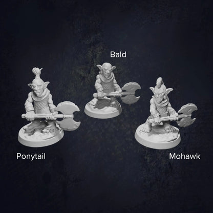 Three unpainted 3D-printed RPG miniatures of goblins wielding double-headed axes, labeled as 'Ponytail,' 'Bald,' and 'Mohawk' based on their unique hairstyles. Each goblin stands on a round base against a dark background. Perfect for DnD, tabletop RPGs, and wargaming, these high-quality resin miniatures are ideal for collectors, painters, and fantasy gaming enthusiasts.