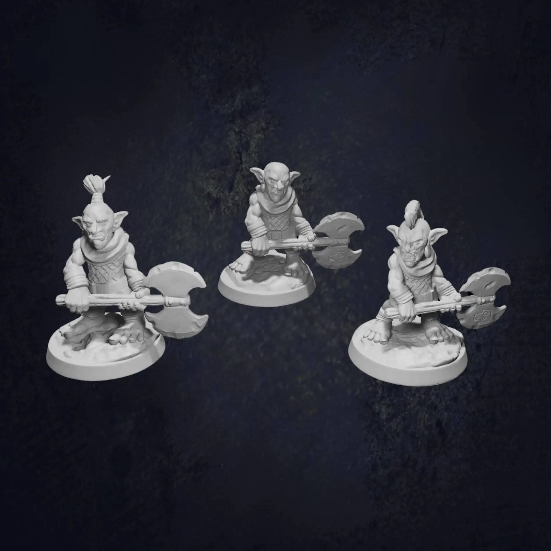 Three unpainted 3D-printed RPG miniatures of goblins wielding double-headed axes, each with unique hairstyles (ponytail, bald, mohawk), posed on round bases against a dark background. Perfect for DnD, tabletop RPGs, and wargaming, these high-quality resin miniatures are ideal for collectors, painters, and fantasy gaming enthusiasts.