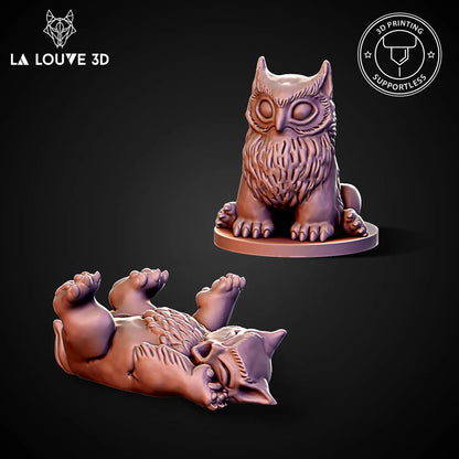 3D-printed resin baby owlbear figure featuring a playful and charming design, showing one owl sitting upright on a flat base and another in a relaxed, lying position. Ideal for any dungeons and dragons campaign as a cute addition before the mummy owlbear attacks. 
